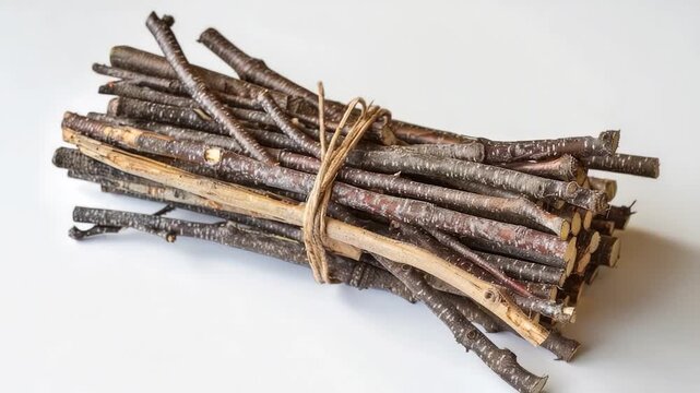 A stack of sticks bound together with twine or cord, placed on a wooden table