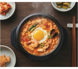Spicy Soft Tofu Stew Sundubu Jjigae (순두부찌개) with Egg, Piping Hot
