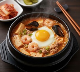 Seafood Soft Tofu Stew Haemul Sundubu Jjigae (해물순두부찌개) Bubbling Hot
