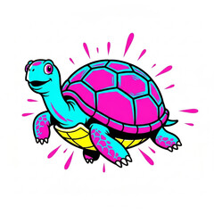 Cartoon Turtle Illustration with Vibrant Pink and Blue Colors