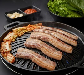 Pork Belly Samgyeopsal (삼겹살) Sizzling on a Tabletop Grill, Smoky Char
