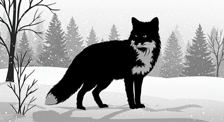 Obraz premium A black fox stands in a snowy landscape with trees, creating a winter scene.
