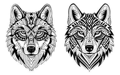 Obraz premium Vector art of two wolf heads with intricate tribal patterns, showcasing detailed line work and symmetry