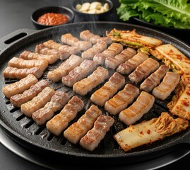 Pork Belly Samgyeopsal (삼겹살) Sizzling on a Tabletop Grill with Side Dishes
