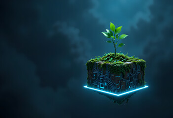 Floating plant on circuit board cube blending nature technology and sustainability