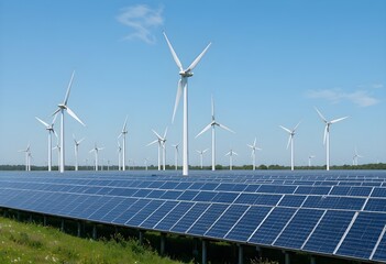 Renewable energy field with solar panels and wind turbines under clear blue sky