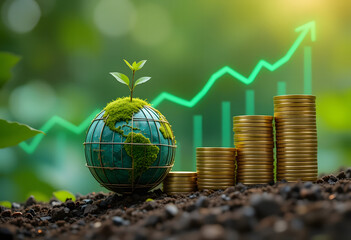 Global earth with plant and stack of coins showing sustainable finance growth chart