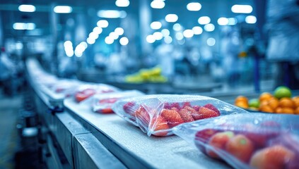 Fresh fruit in plastic bags moving on a conveyor belt in a food processing facility