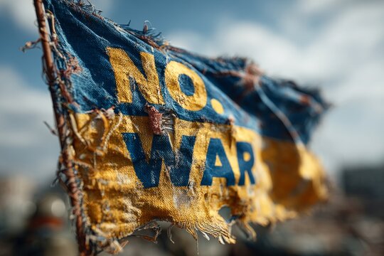 Tattered blue and yellow flag with no war message fluttering against a cloudy sky