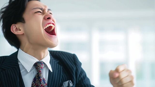Japanese Excited asian businessman celebrates success with fist pump and loud shout yay on transparent background