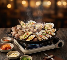 Mixed Grilled Shellfish Jogae Gui (조개구이) on Charcoal, Sizzling and Steaming
