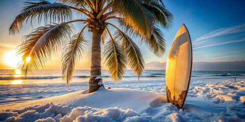 A surfboard stands next to a palm tree on a sandy beach as the sun sets, casting a warm glow over the ocean waves. The scene shows serene beauty and a peaceful atmosphere