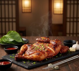 Rotisserie Whole Chicken (전기구이 통닭) Glazed and Steaming on a Platter
