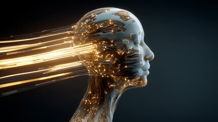Futuristic human profile with glowing digital circuits and data streams representing artificial intelligence, side view, sleek metallic textures, dark background, innovative technology concept
