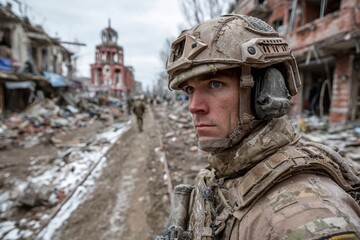 Soldier standing in a destroyed street, looking at the devastation of war