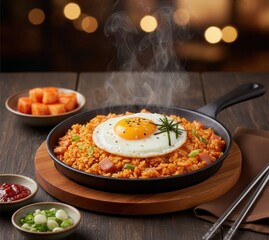 Kimchi Fried Rice (김치볶음밥) on a Sizzling Pan with Sunny-Side Egg
