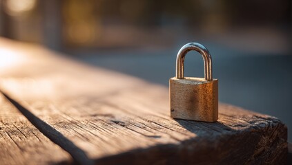 Close-up of a brass padlock on weathered wood