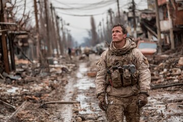 Fototapeta premium Soldier walking through a destroyed city street, looking up with hope amidst urban devastation