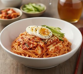 Spicy Mixed Noodles Bibim Guksu (비빔국수) with Egg and Fresh Vegetables
