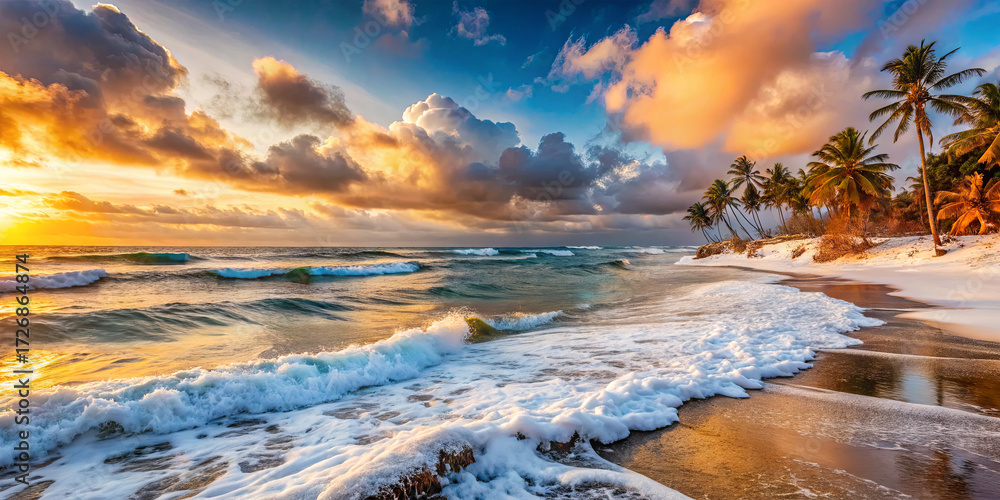 Poster colors blend in the sky at sunset over a calm beach. gentle waves crash along the shore while palm t