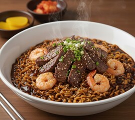 Black Bean Instant Noodles Jjajang Ramen (짜장라면) with Egg and Scallions
