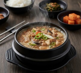 Soybean Paste Stew Doenjang Jjigae (된장찌개) Bubbling in a Black Stone Pot
