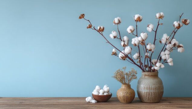 Dried cotton branches in muted pottery vases on a wooden surface against a light blue background