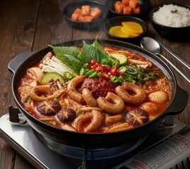 Beef Intestine Hot Pot Gopchang Jeongol (곱창전골) Boiling with Vegetables
