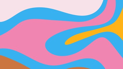 A vibrant abstract background featuring flowing waves of pink, blue, yellow, and brown, creating a playful and modern retro-inspired design.