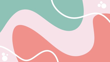 A soft pastel abstract background with flowing pink, coral, and green shapes accented by white curves and circles, perfect for modern and playful designs.