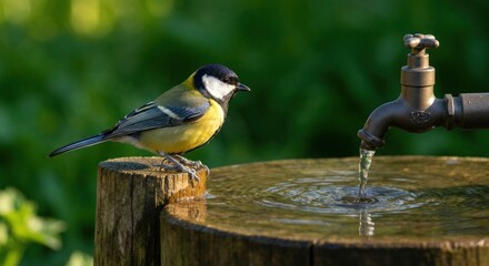 A small, colorful bird, a titmouse, perches on a weathered wooden stump by a garden water fountain. Water flows from a vintage-style faucet into a shallow basin