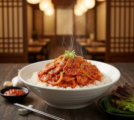 Spicy Pork Rice Bowl Jeyuk Deopbap (제육덮밥) with Glossy Gochujang Sauce
