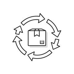 Circular arrows rotating around a cardboard box icon, symbolizing a continuous delivery or supply chain process.