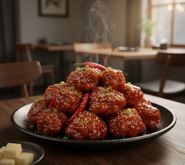 Korean Spicy Fried Chicken Yangnyeom (양념치킨) in a Shallow Bowl, Warm Studio Light
