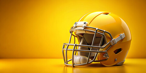 Fototapeta premium A vibrant yellow football helmet sits on a smooth surface, surrounded by a matching yellow backdrop. The design highlights its shiny finish and sporty features, perfect for equipment display