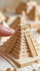 Miniature Mayan pyramid replica detail with finger touching.