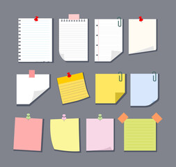 set of colorful note paper with pins and clips vector illustration