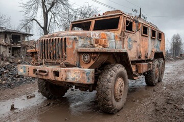 Fototapeta premium Heavily damaged and rusted military truck standing on a muddy road in a ruined settlement