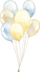 Watercolor balloons in blue and yellow on transparent background.