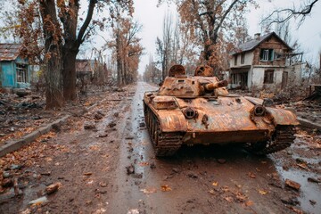 Fototapeta premium Rusty tank standing on a muddy road with destroyed buildings and autumn trees
