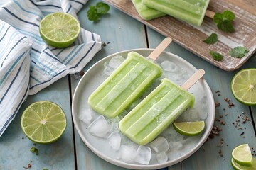 Healthy lime yogurt ice pops, top view table scene against a rustic wood on AI Generated