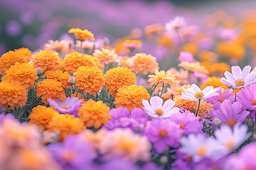 Bright Orange And Purple Flowers Bloom In A Lush Field, Creating Colorful Spring Wonder