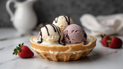 Delicious Ice Cream Scoops in Waffle Bowl with Chocolate Drizzle | Sweet Dessert Treat, Gourmet Frozen Dessert, Summer Indulgence, Cold Creamy Snack for Food Photography and Culinary Design