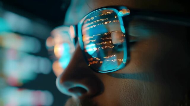 close up of a eyeglasses of programer or hacker to analysis data and coding Ai photo