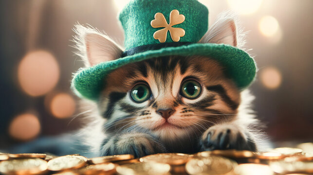 Cute Kitten in St. Patrick&rsquo;s Day Leprechaun Costume with Gold Coins &ndash; Festive Holiday Digital Art