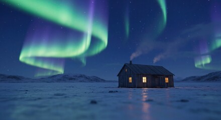 A small wooden cabin nestled in a snowy landscape under a vibrant aurora borealis