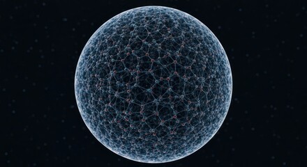 A sphere, densely packed with interconnected nodes and lines, appears against a dark background dotted with small points.  The nodes and lines are subtly colored, creating a network graphic