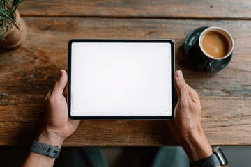 Hands holding a tablet with blank screen, coffee cup on rustic wooden table
