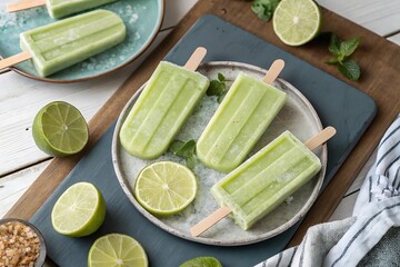 Healthy lime yogurt ice pops, top view table scene against a rustic wood on AI Generated