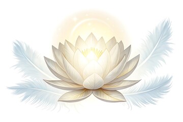 Obraz premium Mockup White Lotus Flower with Soft Golden Glow and Delicate Feathers on White Background glowing luminous